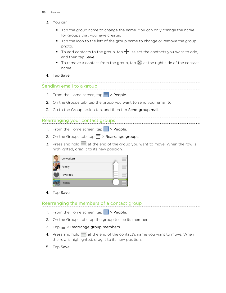 Sending email to a group, Rearranging your contact groups, Rearranging the members of a contact group | HTC Jetstream User Manual | Page 118 / 174
