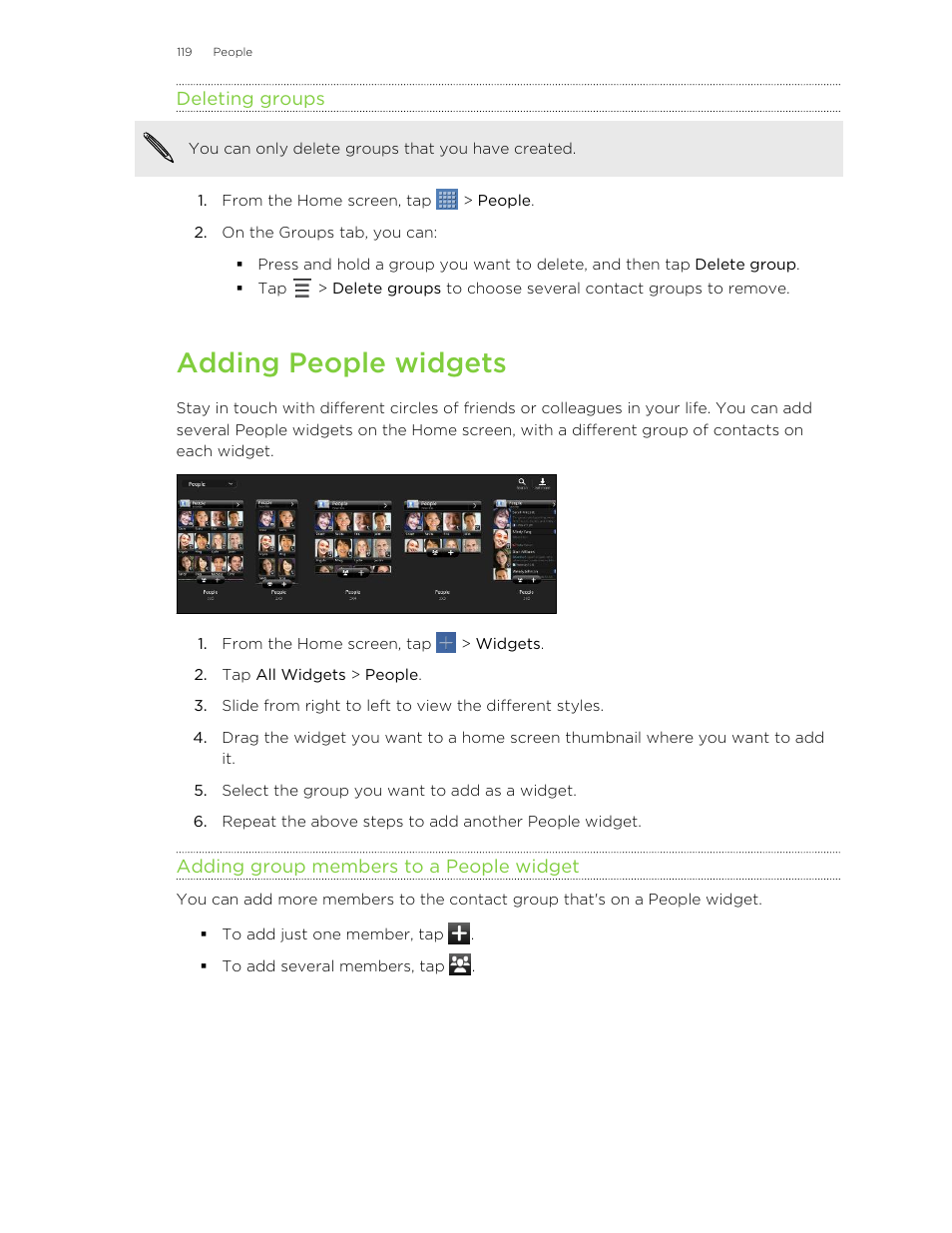 Deleting groups, Adding people widgets, Adding group members to a people widget | HTC Jetstream User Manual | Page 119 / 174