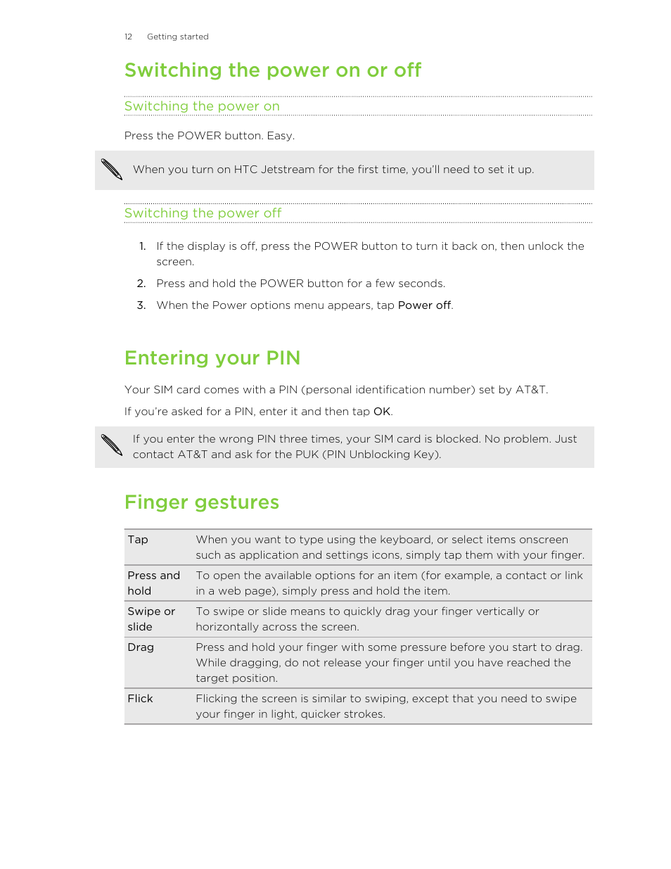 Switching the power on or off, Switching the power on, Switching the power off | Entering your pin, Finger gestures | HTC Jetstream User Manual | Page 12 / 174