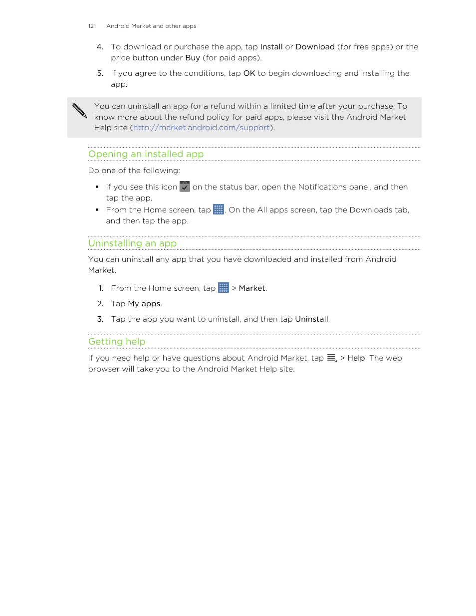 Opening an installed app, Uninstalling an app, Getting help | HTC Jetstream User Manual | Page 121 / 174