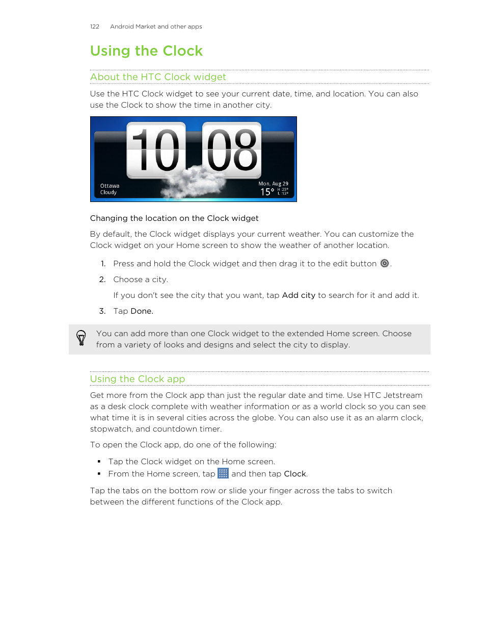 Using the clock, About the htc clock widget, Changing the location on the clock widget | Using the clock app | HTC Jetstream User Manual | Page 122 / 174