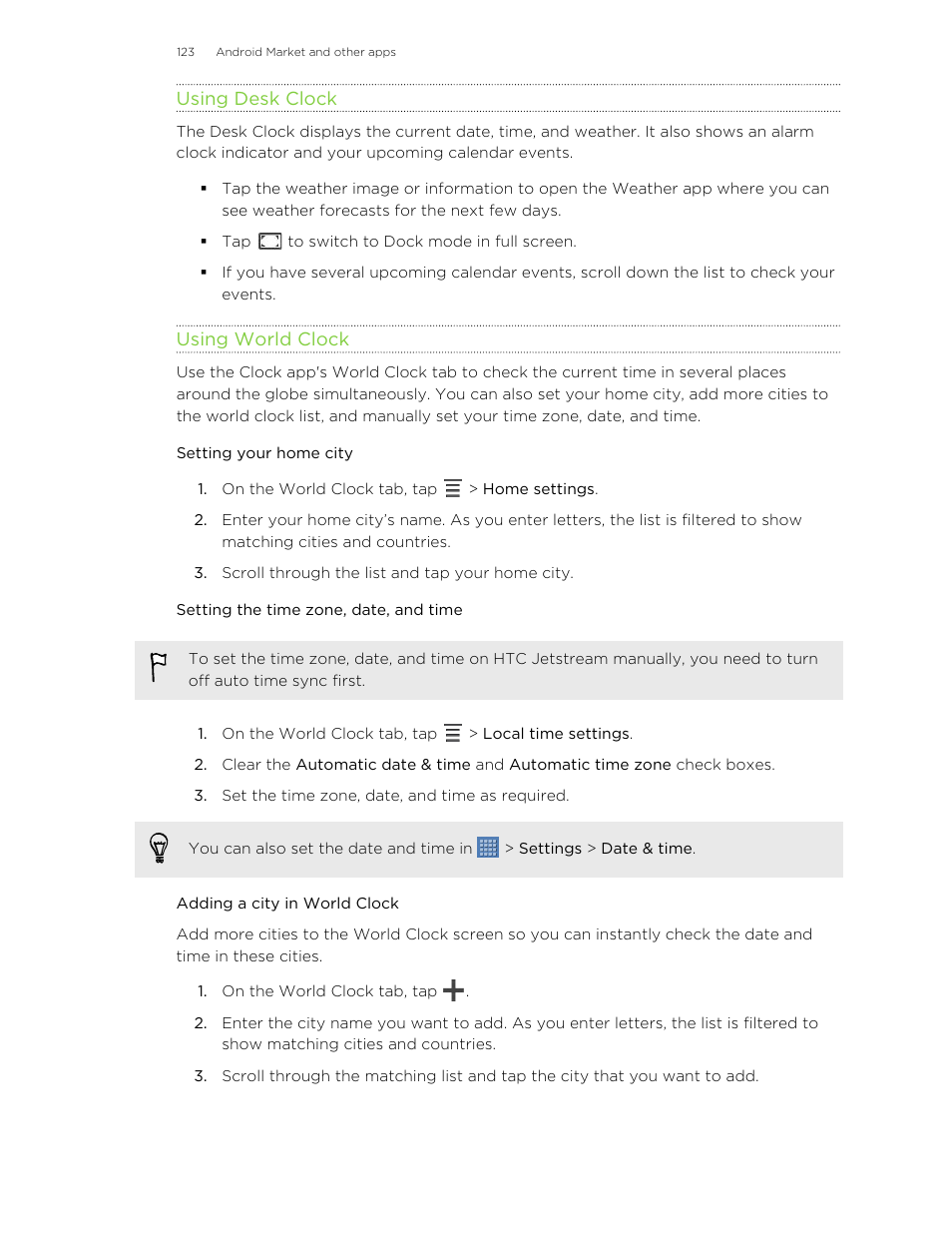 Using desk clock, Using world clock, Setting your home city | Setting the time zone, date, and time, Adding a city in world clock | HTC Jetstream User Manual | Page 123 / 174