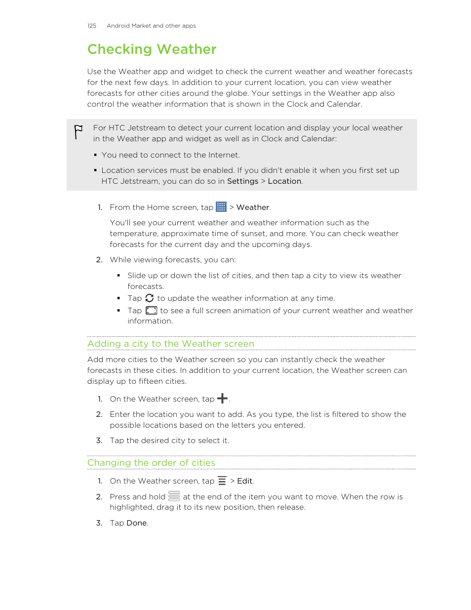 Checking weather, Adding a city to the weather screen, Changing the order of cities | HTC Jetstream User Manual | Page 125 / 174