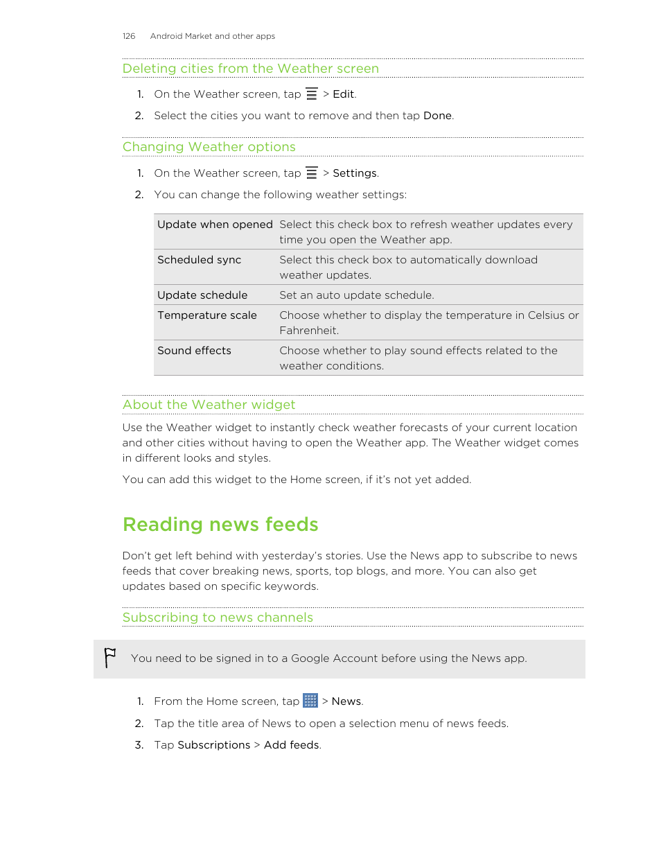 Deleting cities from the weather screen, Changing weather options, About the weather widget | Reading news feeds, Subscribing to news channels | HTC Jetstream User Manual | Page 126 / 174
