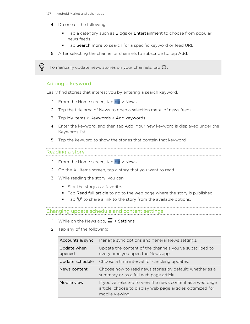 Adding a keyword, Reading a story, Changing update schedule and content settings | HTC Jetstream User Manual | Page 127 / 174