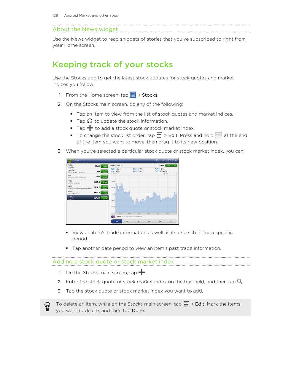About the news widget, Keeping track of your stocks, Adding a stock quote or stock market index | HTC Jetstream User Manual | Page 128 / 174