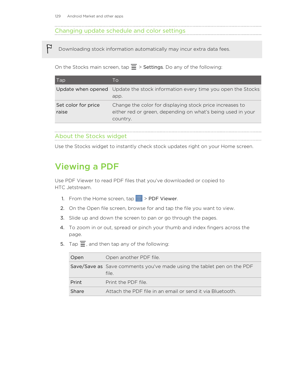 Changing update schedule and color settings, About the stocks widget, Viewing a pdf | HTC Jetstream User Manual | Page 129 / 174