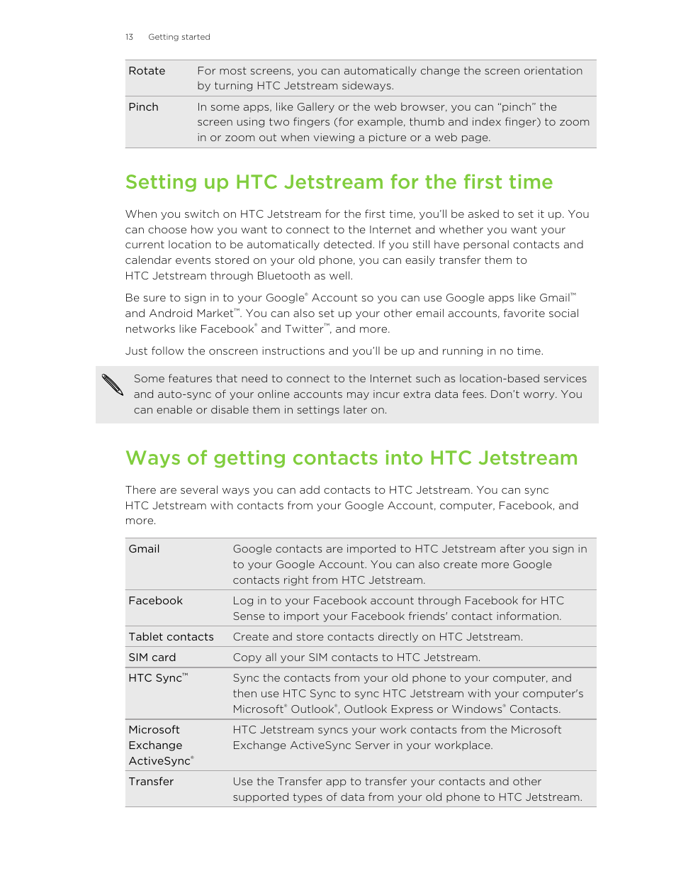 Setting up htc jetstream for the first time, Ways of getting contacts into htc jetstream | HTC Jetstream User Manual | Page 13 / 174
