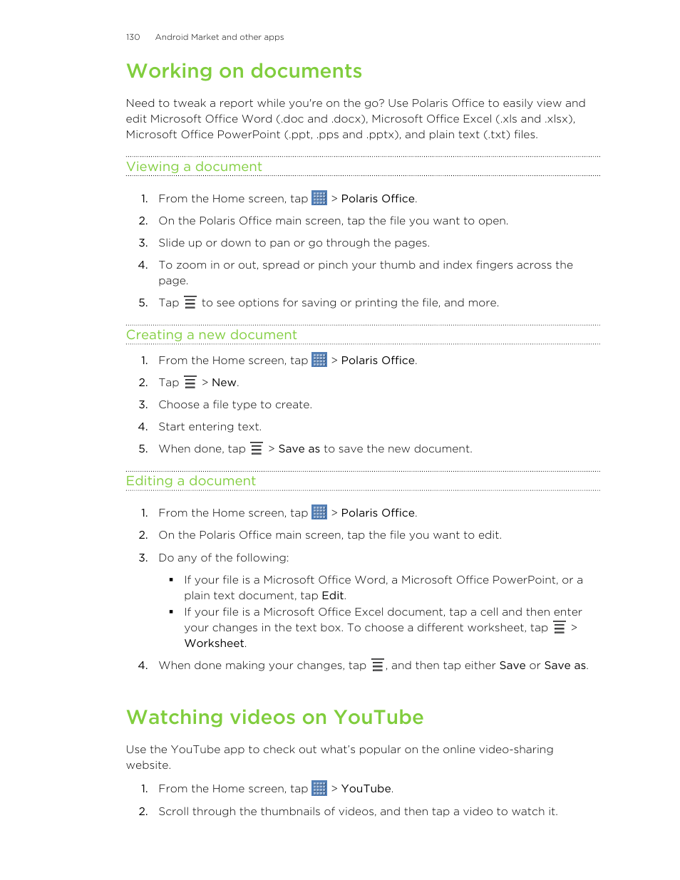 Working on documents, Viewing a document, Creating a new document | Editing a document, Watching videos on youtube | HTC Jetstream User Manual | Page 130 / 174