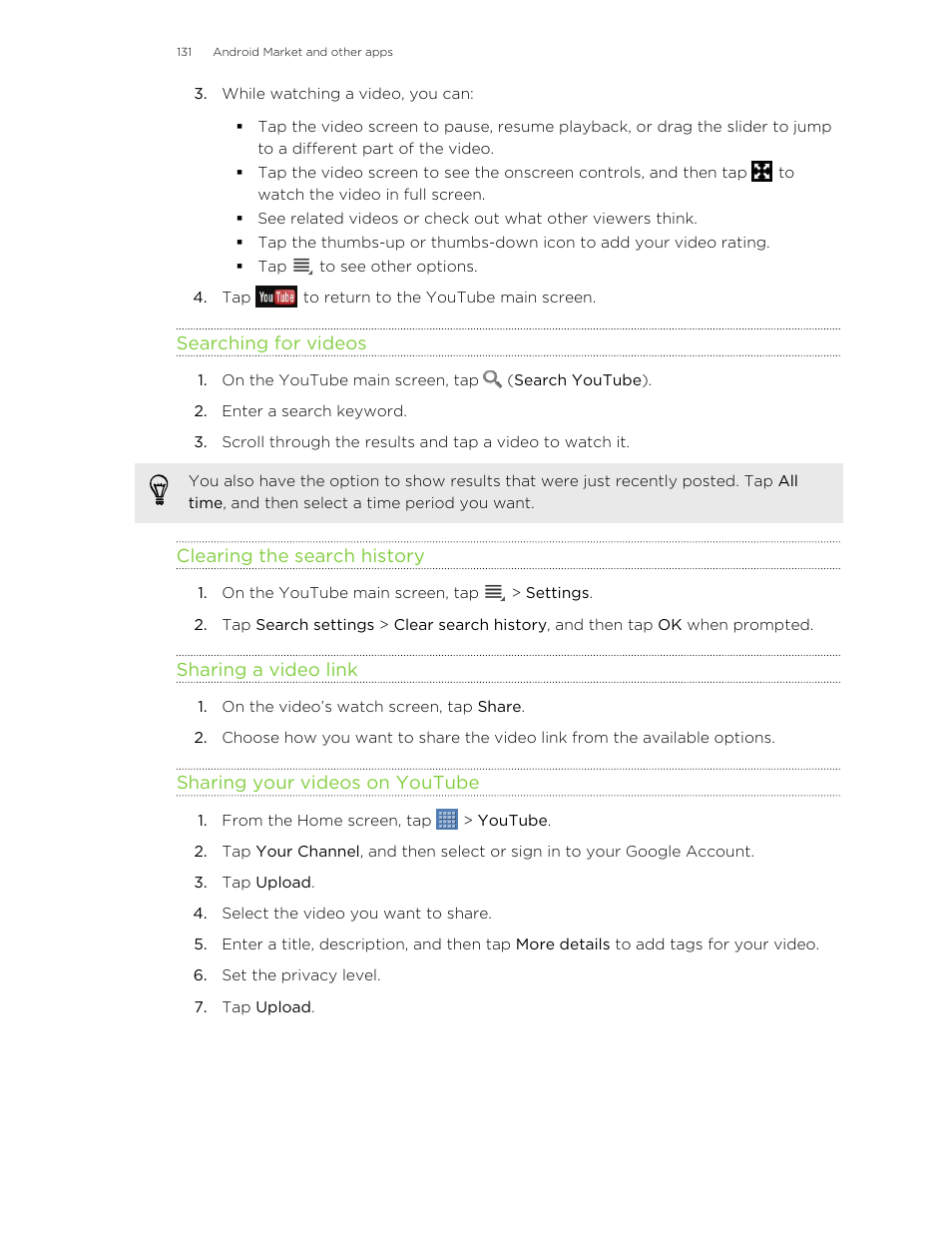 Searching for videos, Clearing the search history, Sharing a video link | Sharing your videos on youtube | HTC Jetstream User Manual | Page 131 / 174