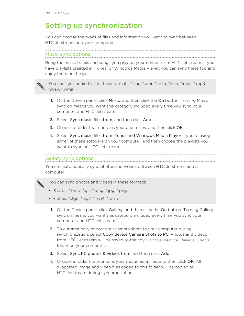 Setting up synchronization, Music sync options, Gallery sync options | HTC Jetstream User Manual | Page 135 / 174