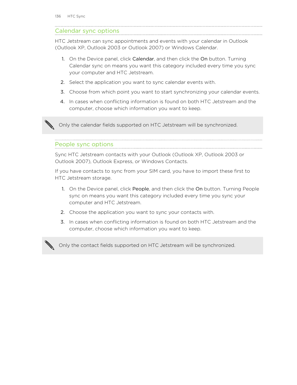 Calendar sync options, People sync options | HTC Jetstream User Manual | Page 136 / 174