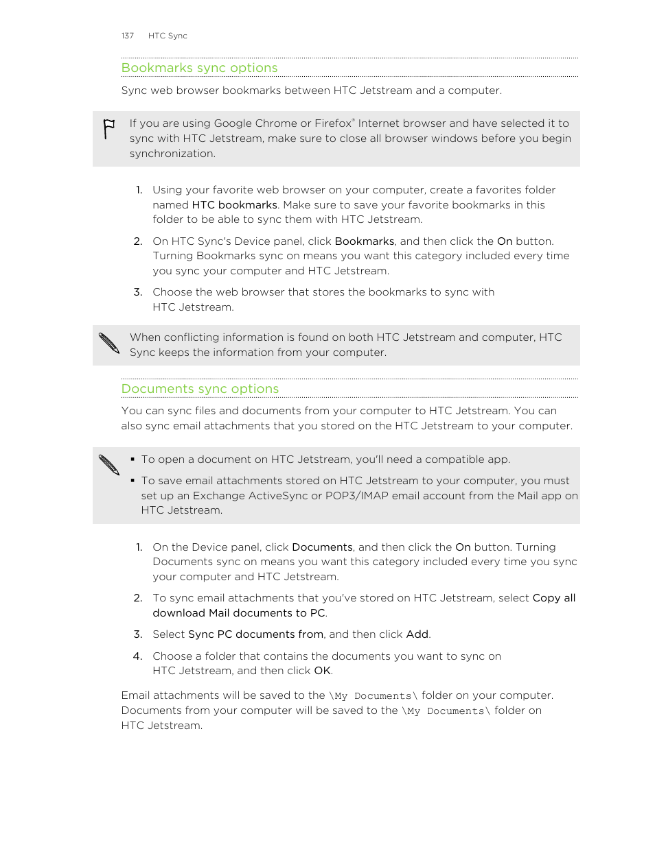 Bookmarks sync options, Documents sync options | HTC Jetstream User Manual | Page 137 / 174
