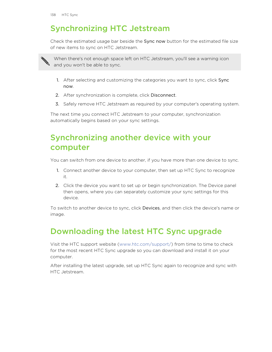 Synchronizing htc jetstream, Synchronizing another device with your computer, Downloading the latest htc sync upgrade | HTC Jetstream User Manual | Page 138 / 174