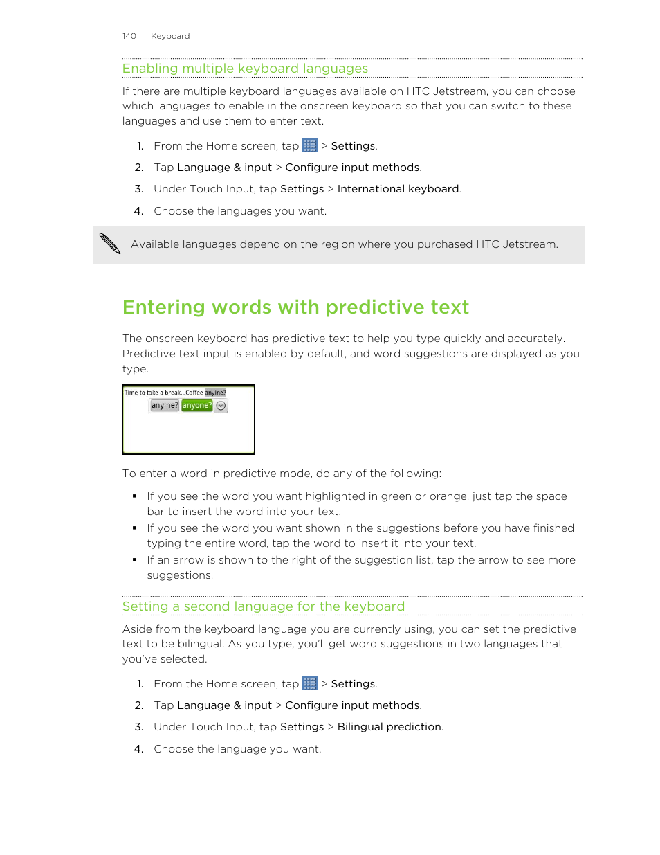 Enabling multiple keyboard languages, Entering words with predictive text, Setting a second language for the keyboard | HTC Jetstream User Manual | Page 140 / 174