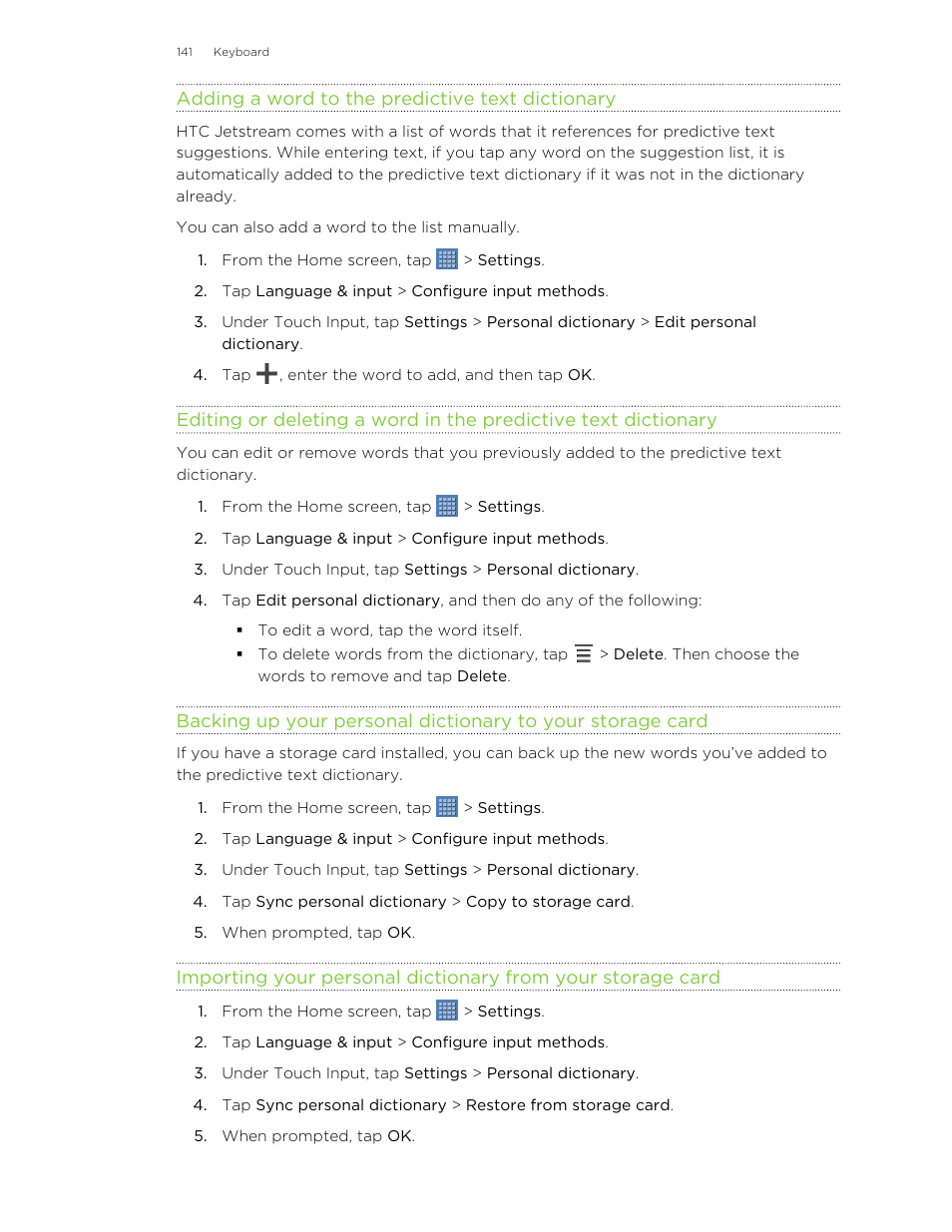 Adding a word to the predictive text dictionary | HTC Jetstream User Manual | Page 141 / 174