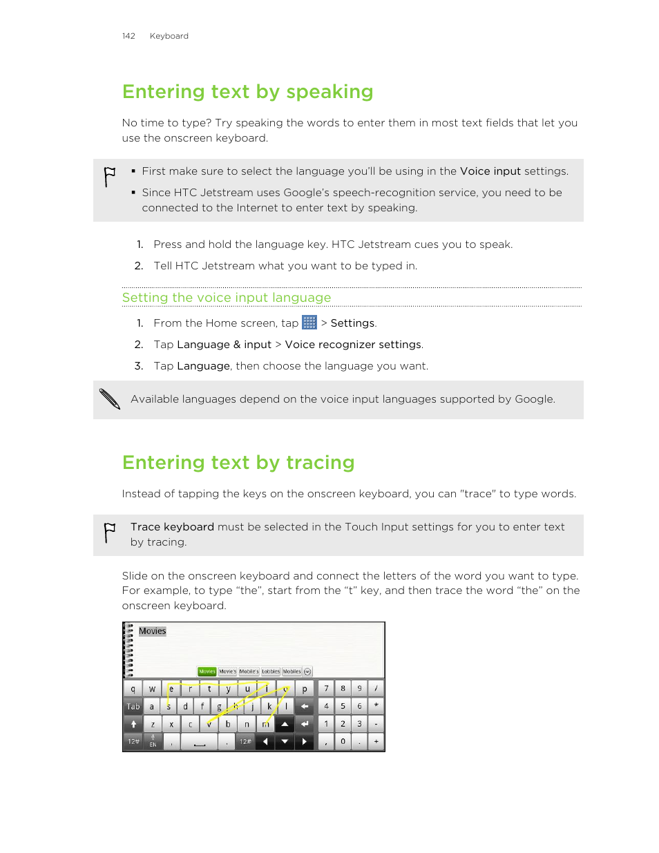 Entering text by speaking, Setting the voice input language, Entering text by tracing | HTC Jetstream User Manual | Page 142 / 174