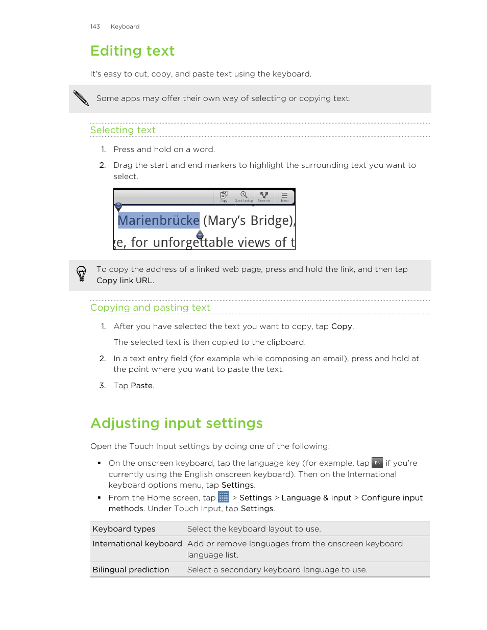 Editing text, Selecting text, Copying and pasting text | Adjusting input settings | HTC Jetstream User Manual | Page 143 / 174