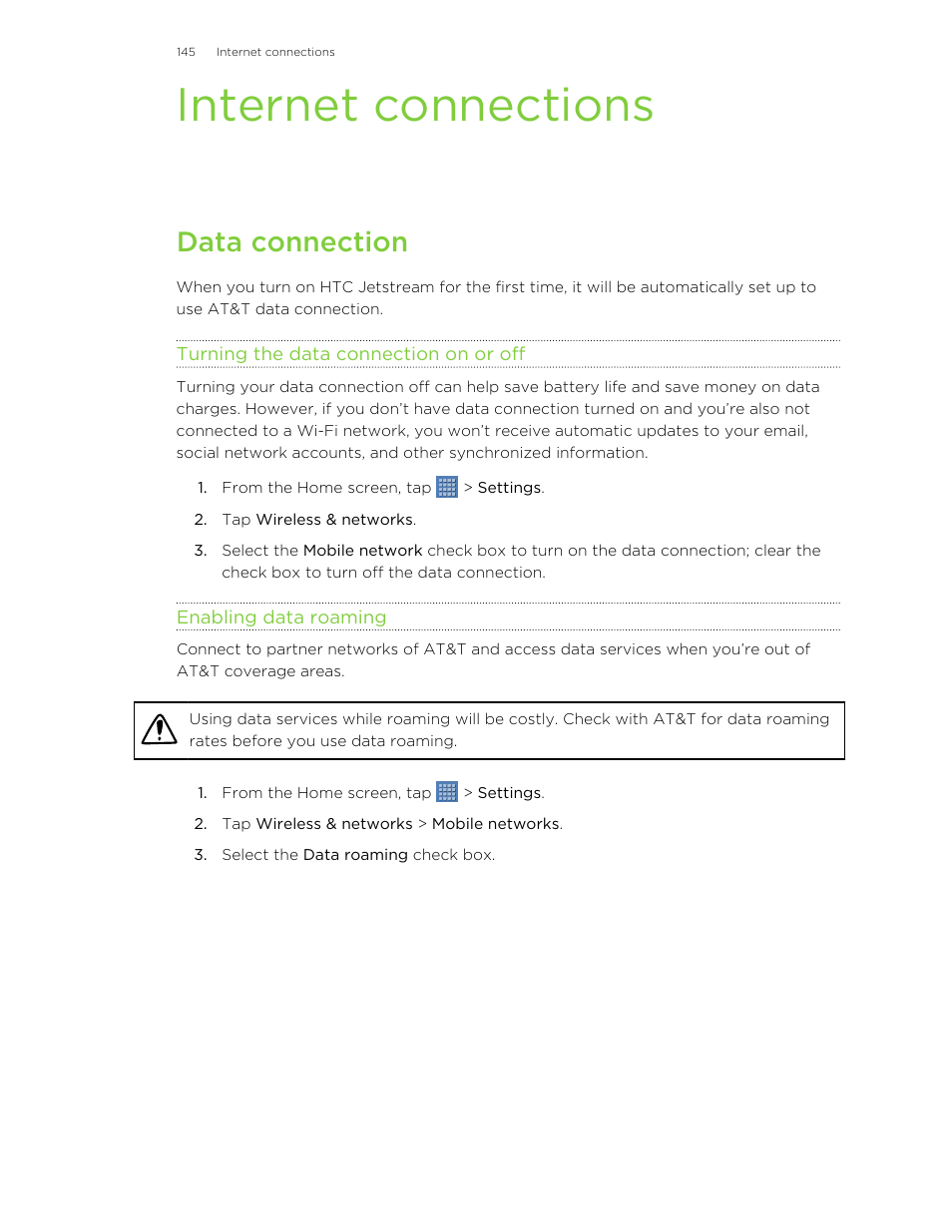 Internet connections, Data connection, Turning the data connection on or off | Enabling data roaming | HTC Jetstream User Manual | Page 145 / 174
