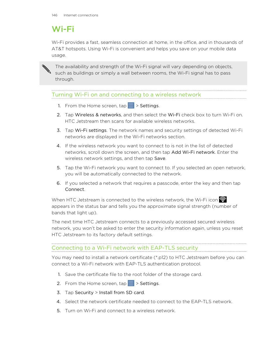 Wi-fi | HTC Jetstream User Manual | Page 146 / 174