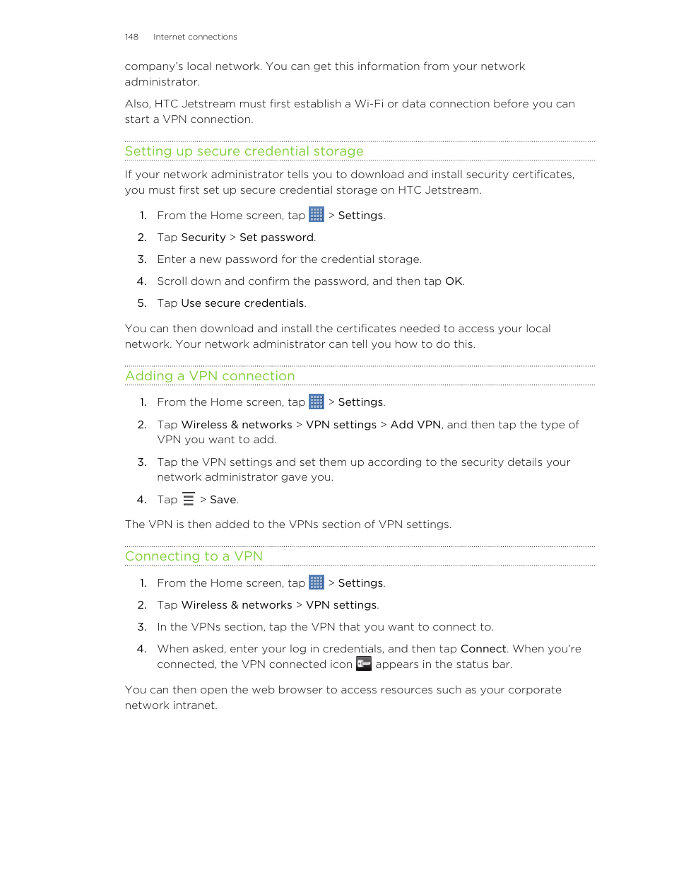 Setting up secure credential storage, Adding a vpn connection, Connecting to a vpn | HTC Jetstream User Manual | Page 148 / 174