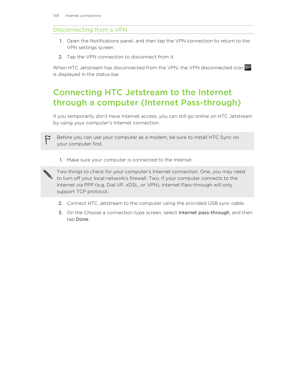 Disconnecting from a vpn | HTC Jetstream User Manual | Page 149 / 174