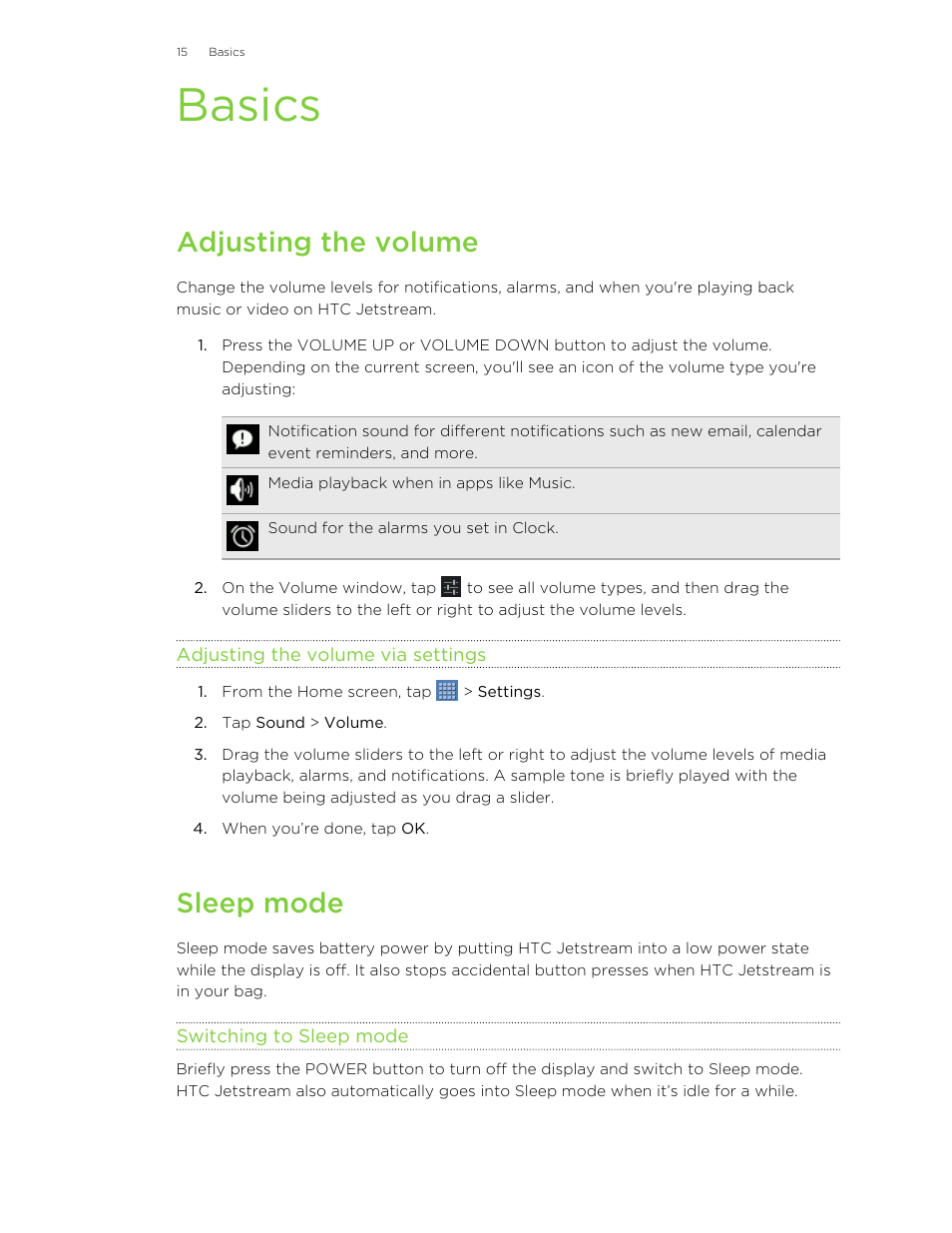 Basics, Adjusting the volume, Adjusting the volume via settings | Sleep mode, Switching to sleep mode | HTC Jetstream User Manual | Page 15 / 174