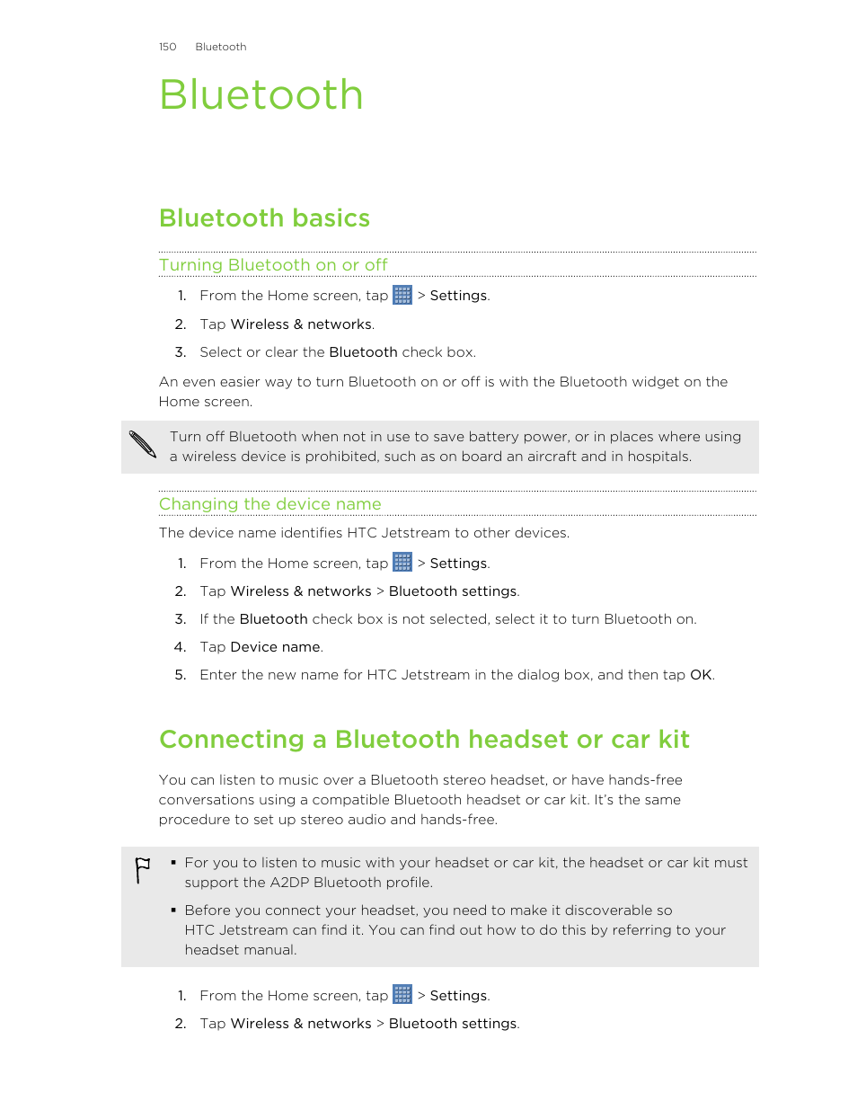 Bluetooth, Bluetooth basics, Turning bluetooth on or off | Changing the device name, Connecting a bluetooth headset or car kit | HTC Jetstream User Manual | Page 150 / 174