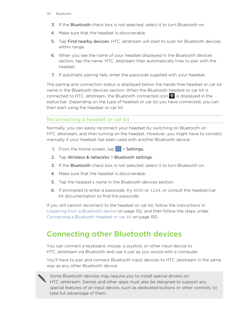 Reconnecting a headset or car kit, Connecting other bluetooth devices | HTC Jetstream User Manual | Page 151 / 174