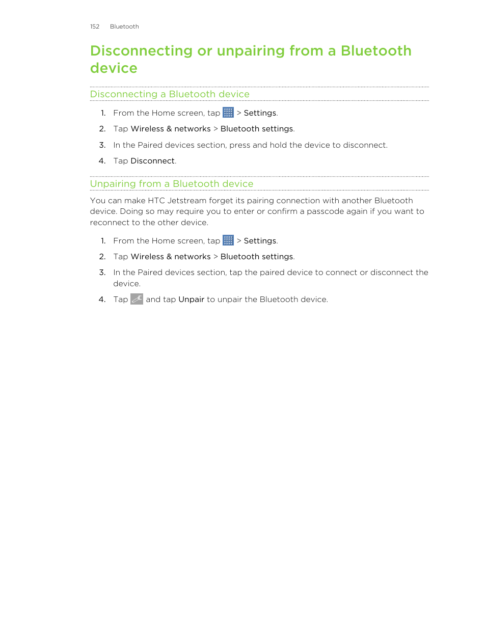 Disconnecting or unpairing from a bluetooth device, Disconnecting a bluetooth device, Unpairing from a bluetooth device | HTC Jetstream User Manual | Page 152 / 174