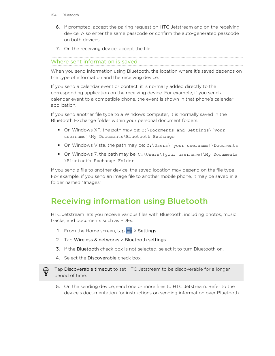 Where sent information is saved, Receiving information using bluetooth | HTC Jetstream User Manual | Page 154 / 174