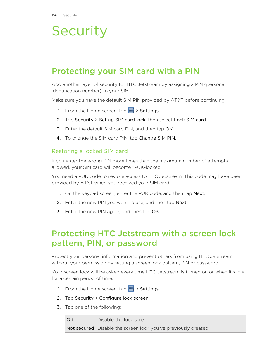 Security, Protecting your sim card with a pin, Restoring a locked sim card | HTC Jetstream User Manual | Page 156 / 174
