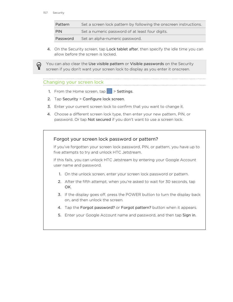Changing your screen lock, Forgot your screen lock password or pattern | HTC Jetstream User Manual | Page 157 / 174