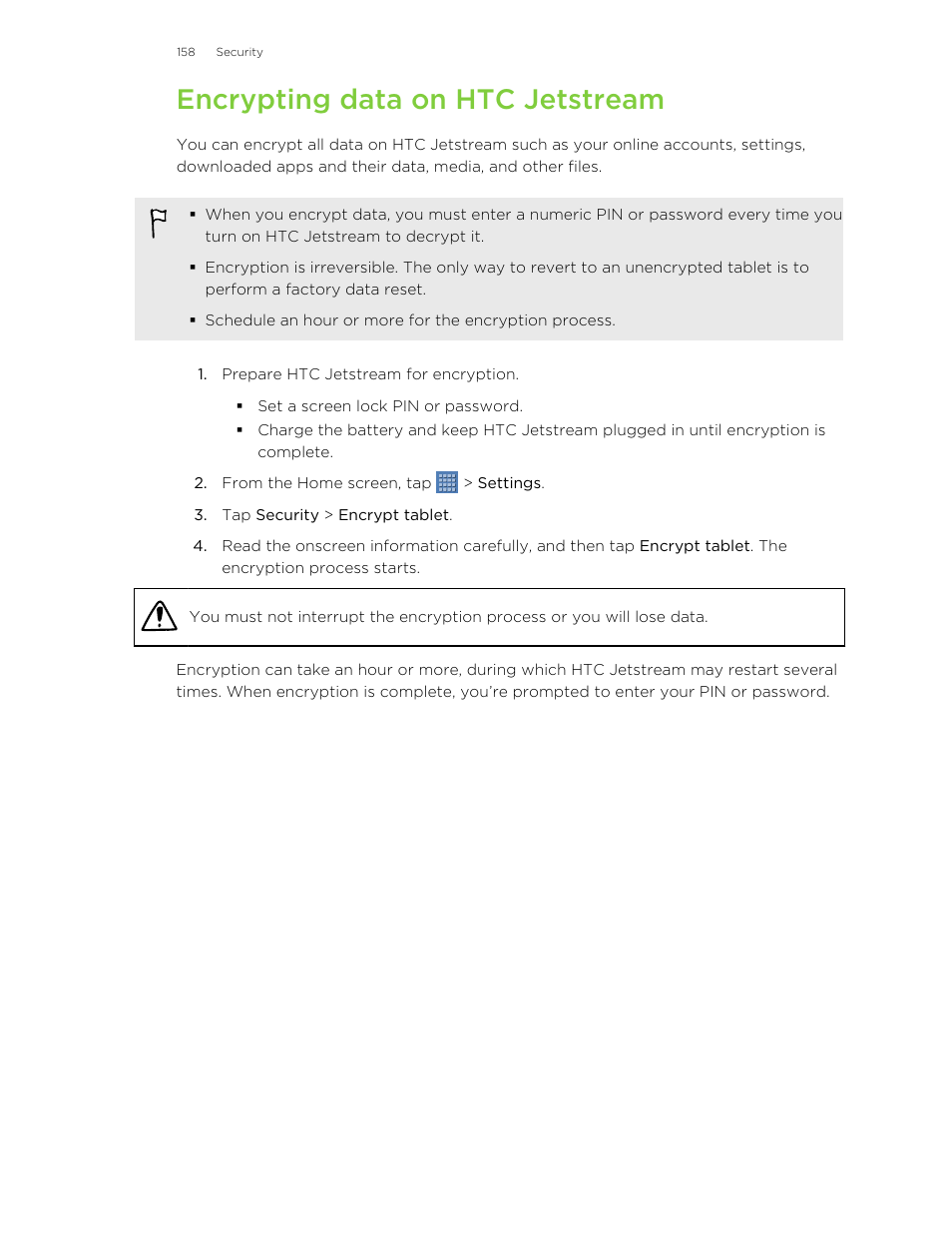 Encrypting data on htc jetstream | HTC Jetstream User Manual | Page 158 / 174