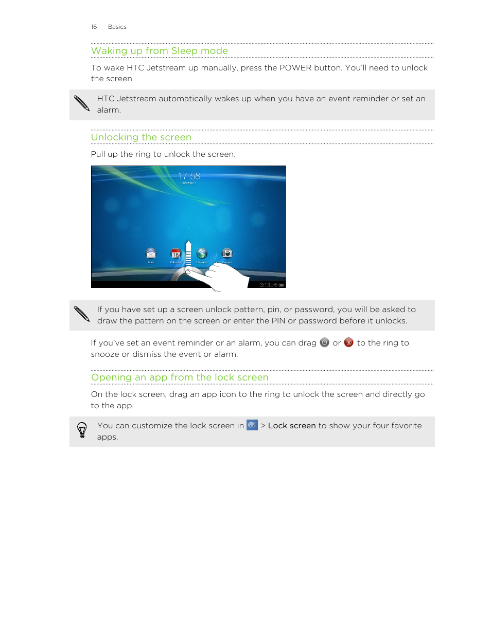 Waking up from sleep mode, Unlocking the screen, Opening an app from the lock screen | HTC Jetstream User Manual | Page 16 / 174