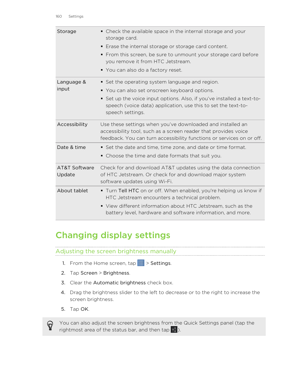 Changing display settings, Adjusting the screen brightness manually | HTC Jetstream User Manual | Page 160 / 174