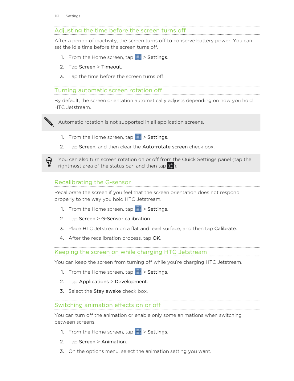 Adjusting the time before the screen turns off, Turning automatic screen rotation off, Recalibrating the g-sensor | Keeping the screen on while charging htc jetstream, Switching animation effects on or off | HTC Jetstream User Manual | Page 161 / 174