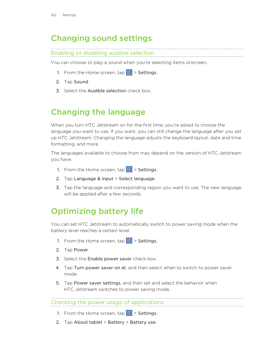 Changing sound settings, Enabling or disabling audible selection, Changing the language | Optimizing battery life, Checking the power usage of applications | HTC Jetstream User Manual | Page 162 / 174