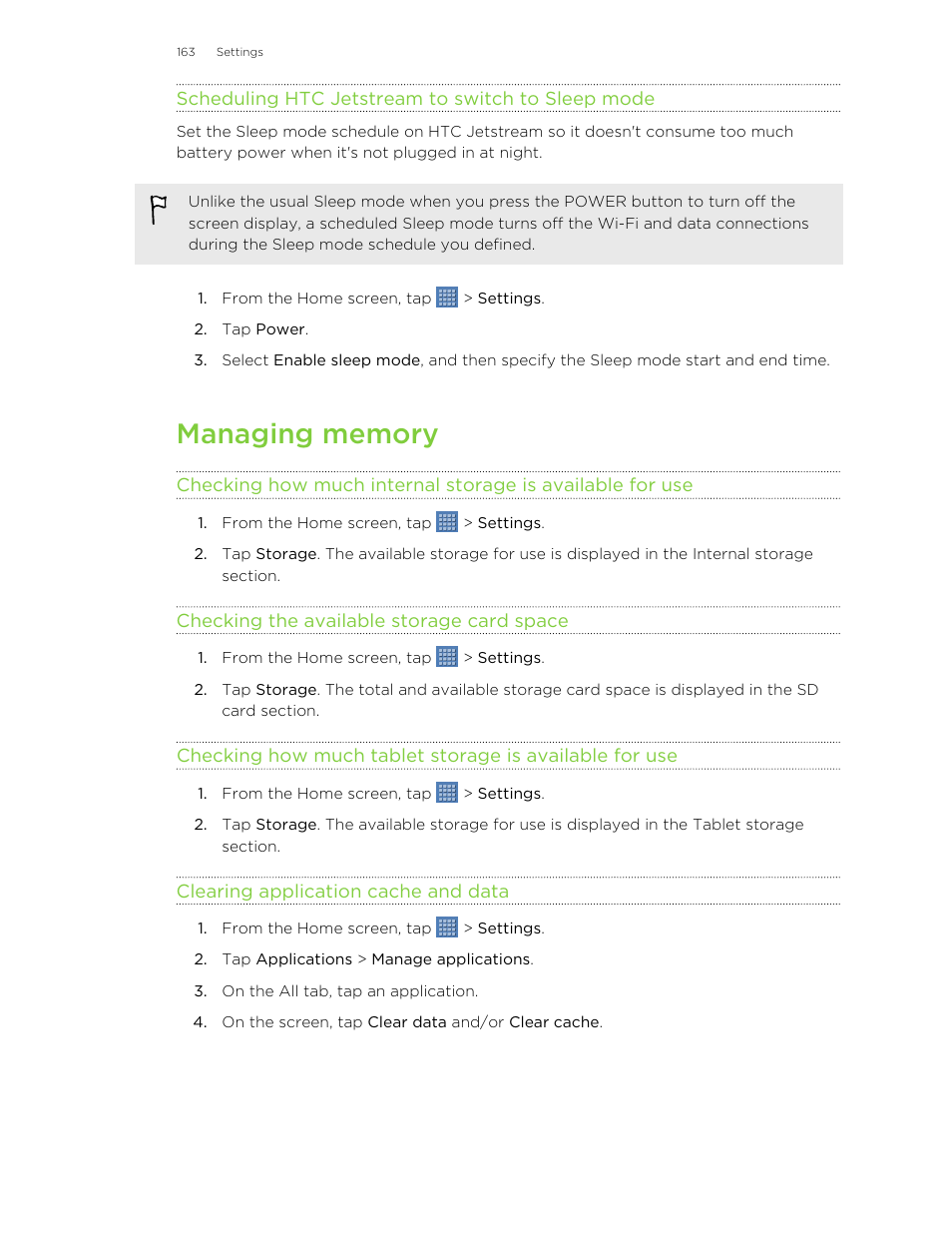 Scheduling htc jetstream to switch to sleep mode, Managing memory, Checking the available storage card space | Clearing application cache and data | HTC Jetstream User Manual | Page 163 / 174