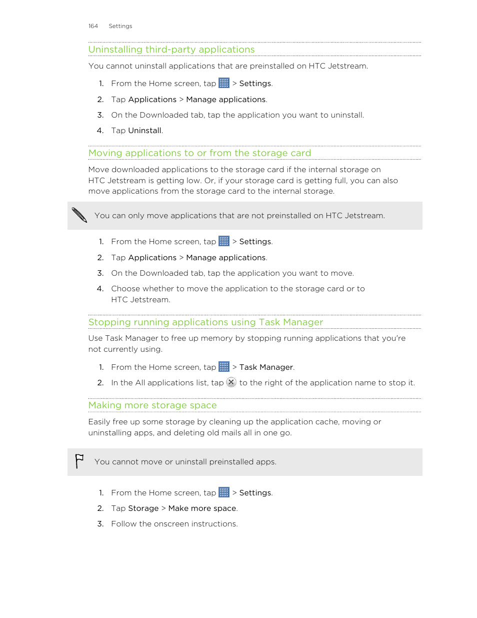 Uninstalling third-party applications, Moving applications to or from the storage card, Stopping running applications using task manager | Making more storage space | HTC Jetstream User Manual | Page 164 / 174