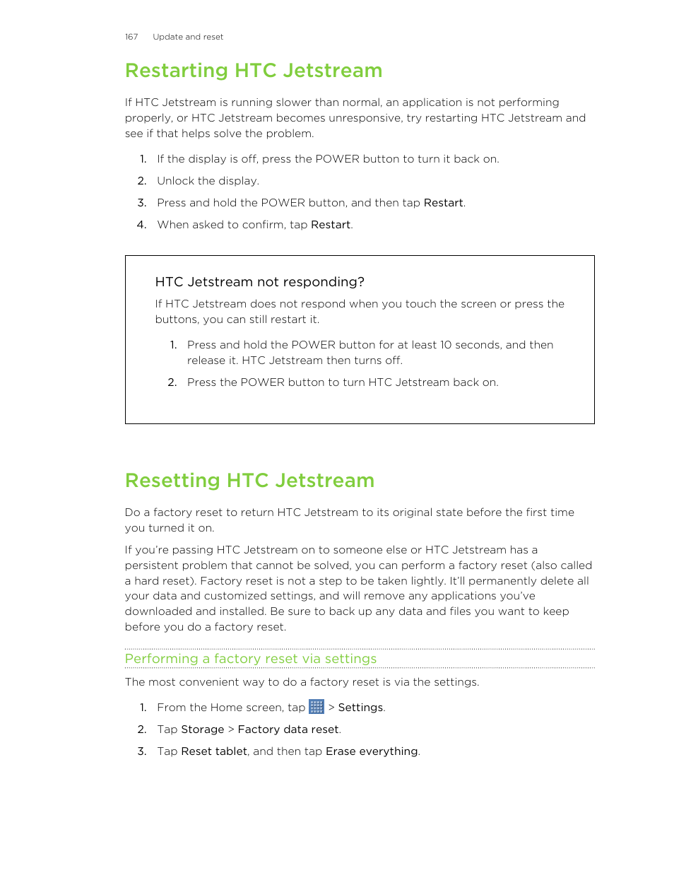 Restarting htc jetstream, Htc jetstream not responding, Resetting htc jetstream | Performing a factory reset via settings | HTC Jetstream User Manual | Page 167 / 174