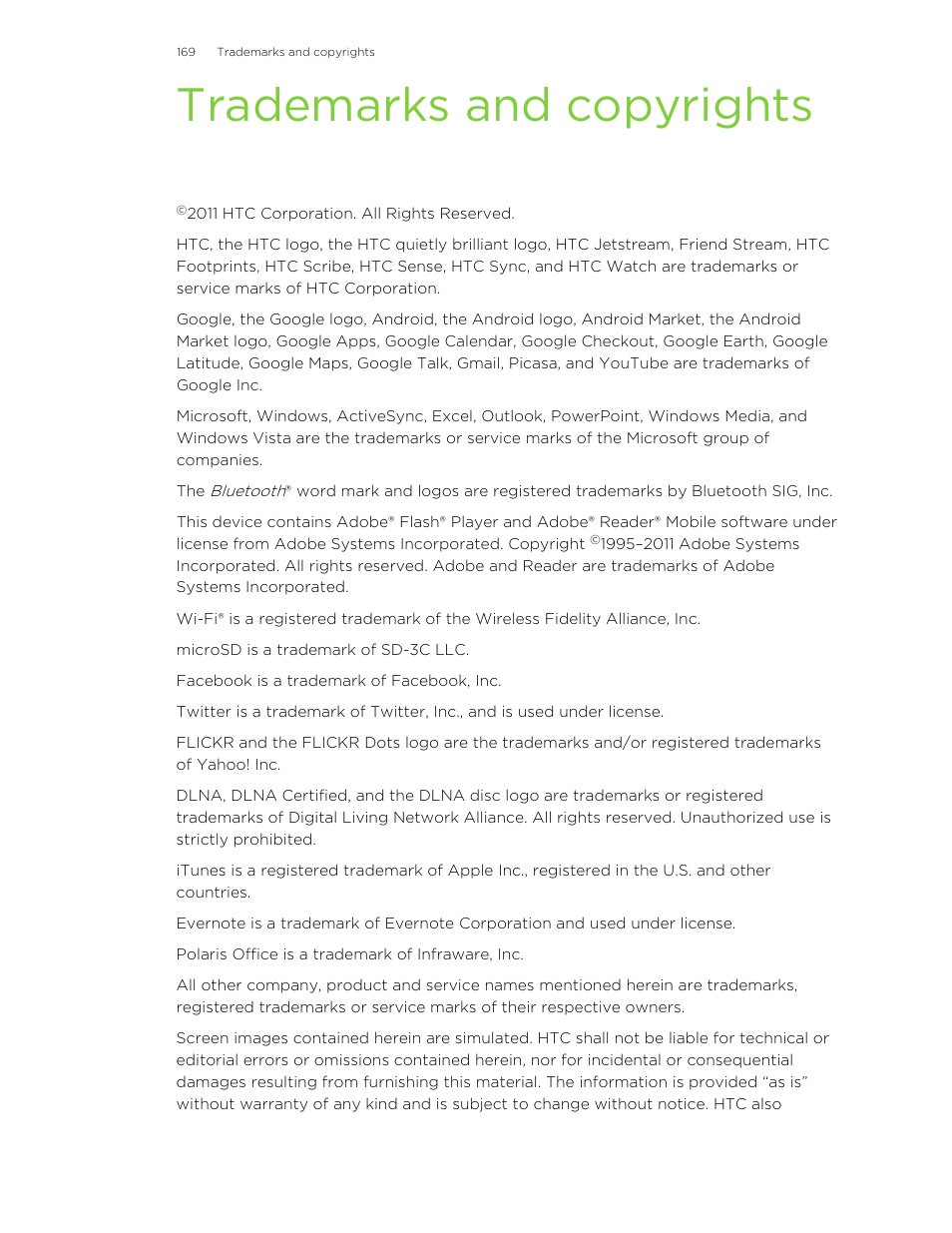 Trademarks and copyrights | HTC Jetstream User Manual | Page 169 / 174