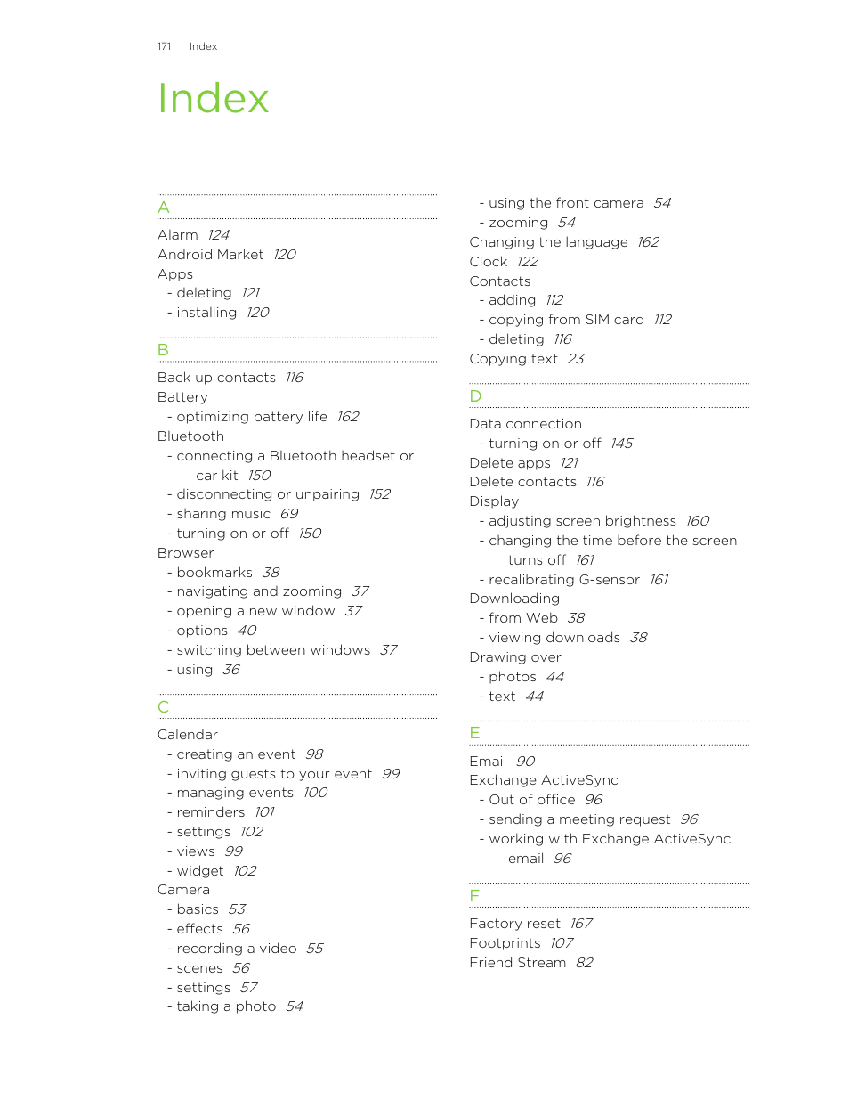 Index | HTC Jetstream User Manual | Page 171 / 174