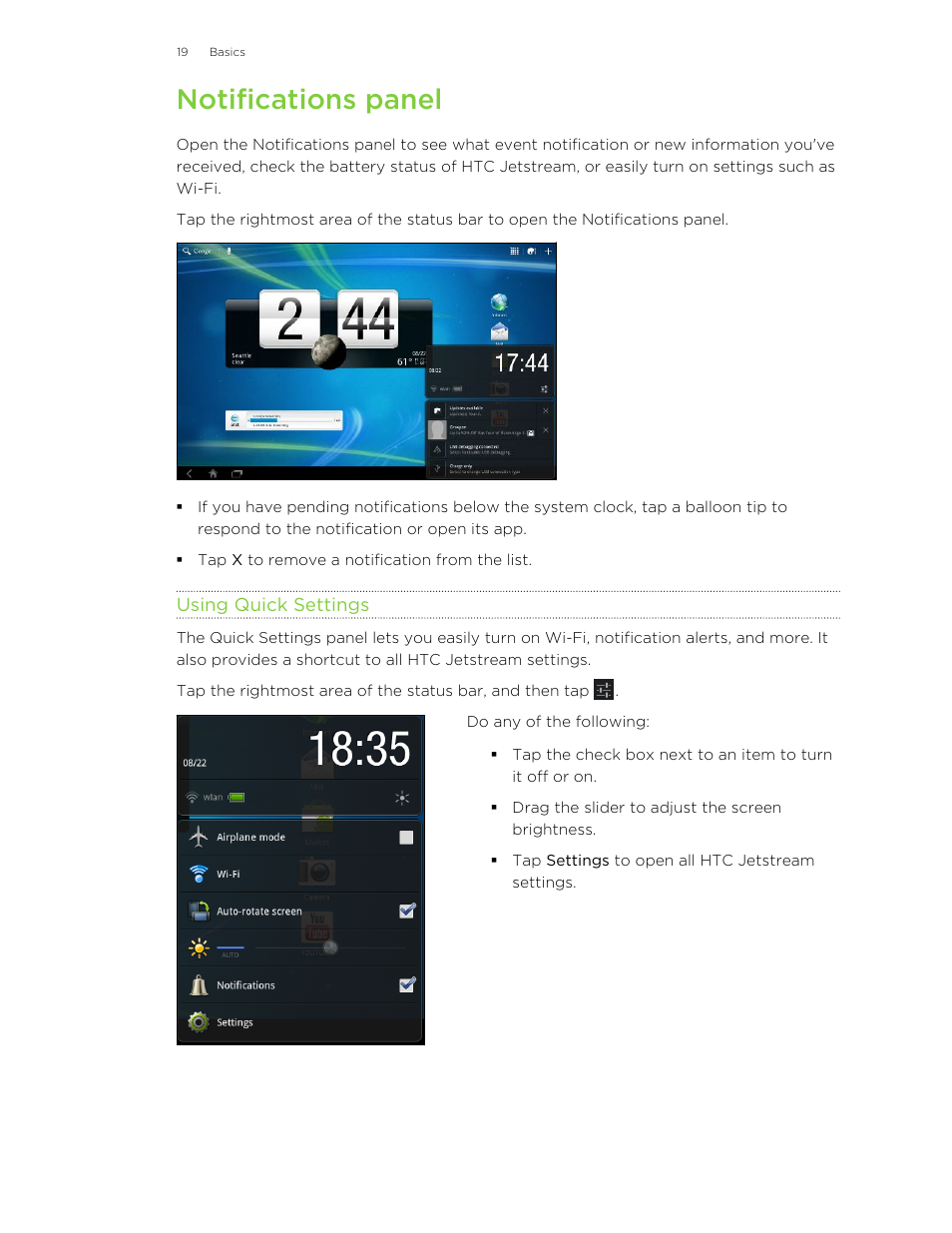 Notifications panel, Using quick settings | HTC Jetstream User Manual | Page 19 / 174