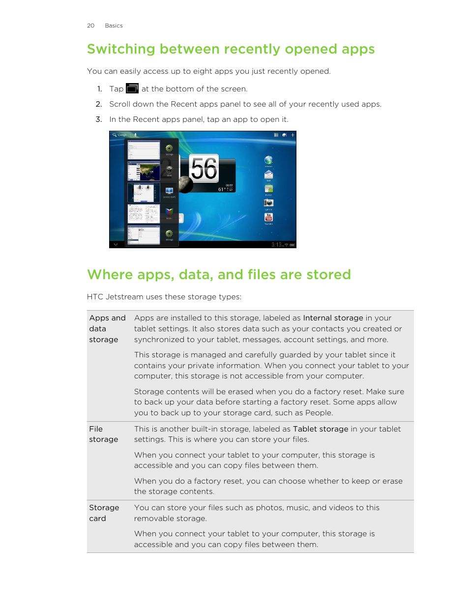 Switching between recently opened apps, Where apps, data, and files are stored | HTC Jetstream User Manual | Page 20 / 174