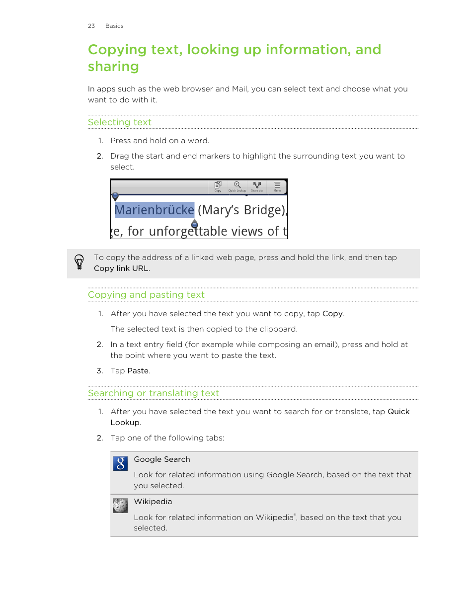 Copying text, looking up information, and sharing, Selecting text, Copying and pasting text | Searching or translating text | HTC Jetstream User Manual | Page 23 / 174
