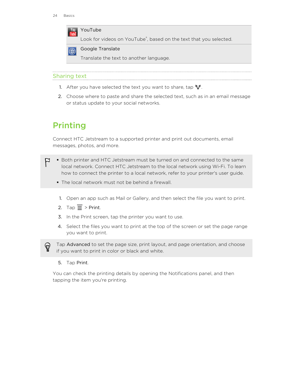 Sharing text, Printing | HTC Jetstream User Manual | Page 24 / 174
