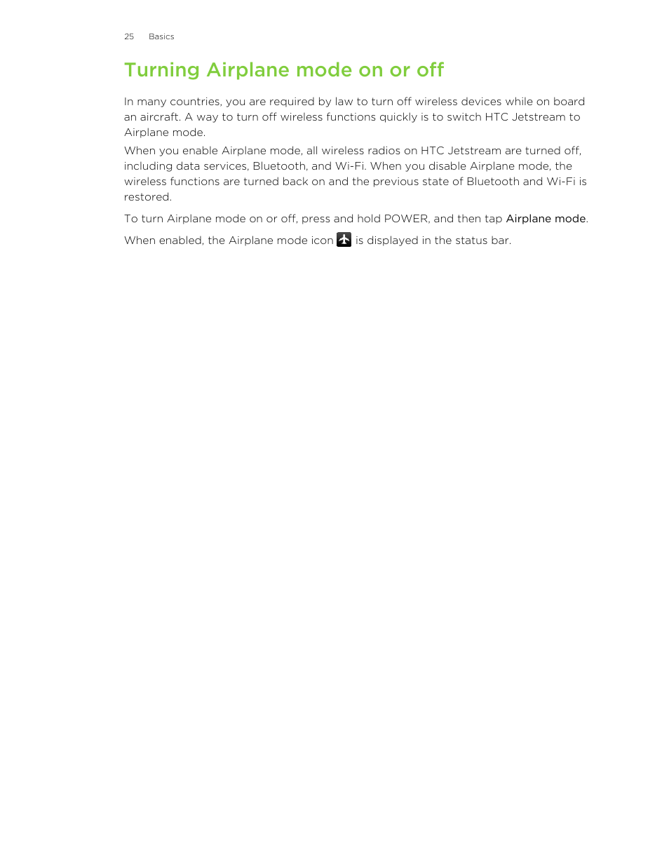 Turning airplane mode on or off | HTC Jetstream User Manual | Page 25 / 174
