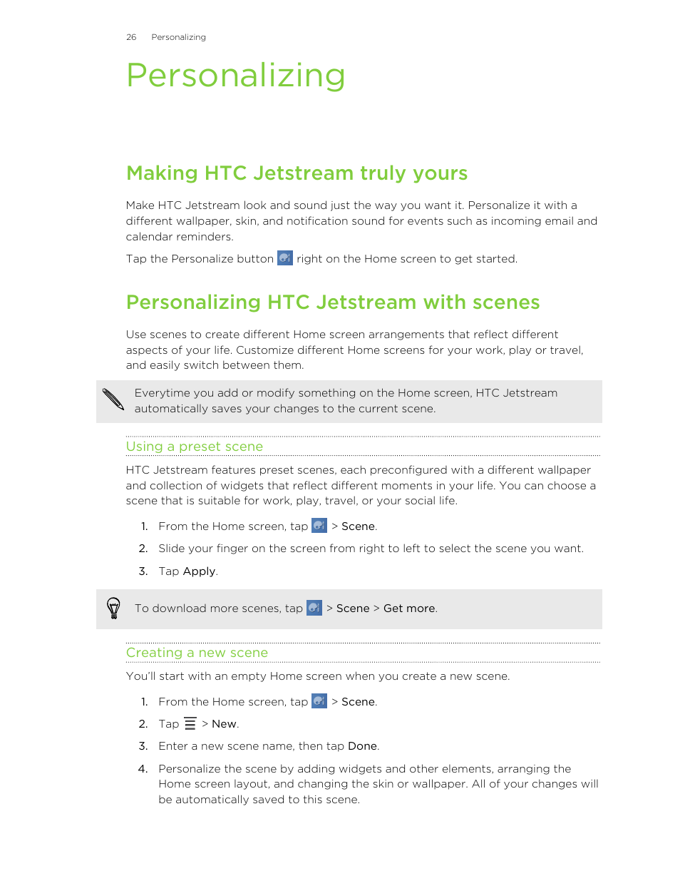 Personalizing, Making htc jetstream truly yours, Personalizing htc jetstream with scenes | Using a preset scene, Creating a new scene | HTC Jetstream User Manual | Page 26 / 174