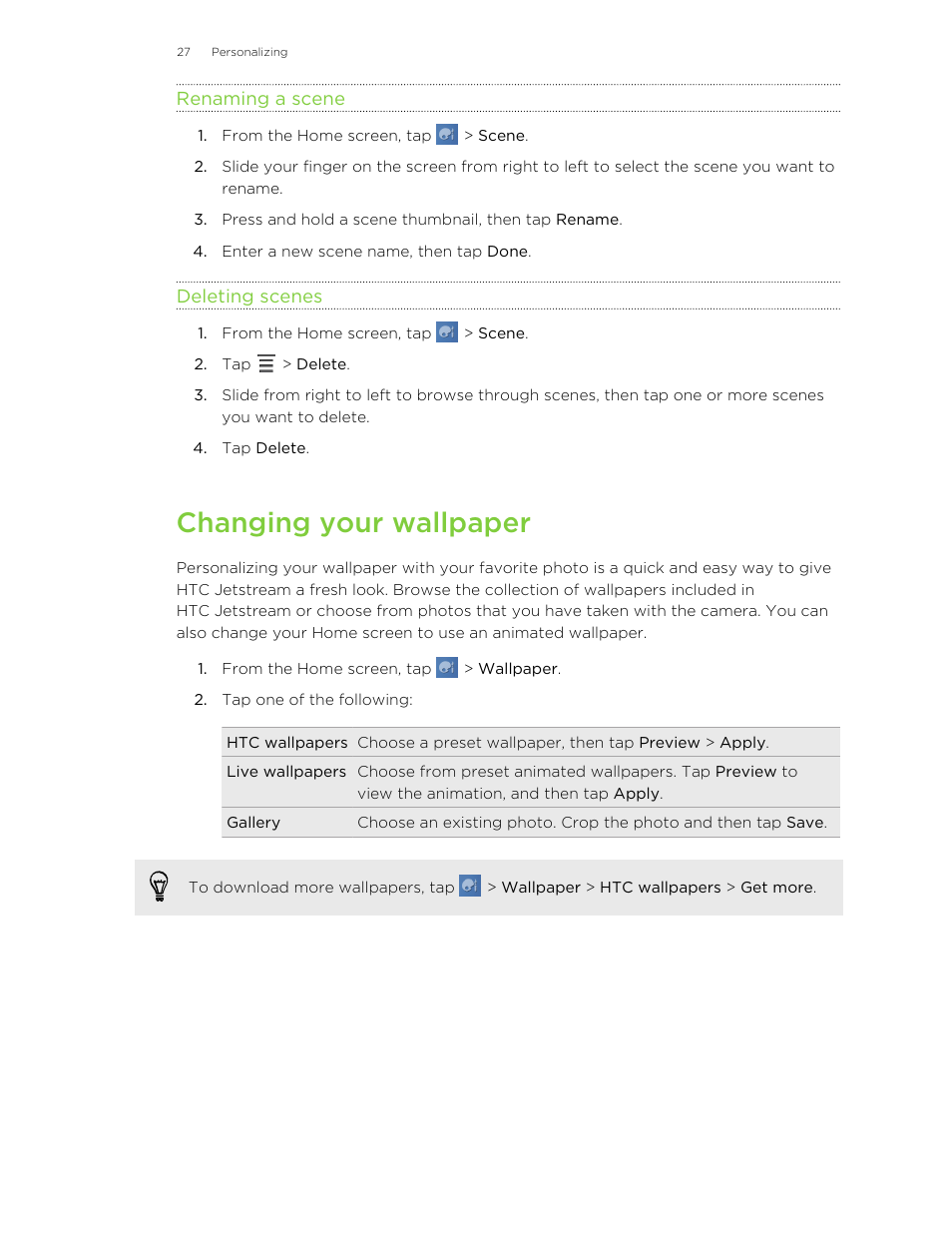 Renaming a scene, Deleting scenes, Changing your wallpaper | HTC Jetstream User Manual | Page 27 / 174
